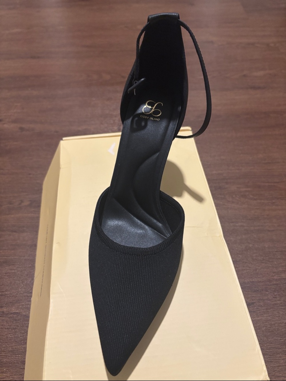 Cozy Island Black Pointed-Toe Ankle-Strap Pump